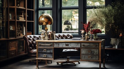 Luxurious feel with vintage furniture and a custom-made brass desk.