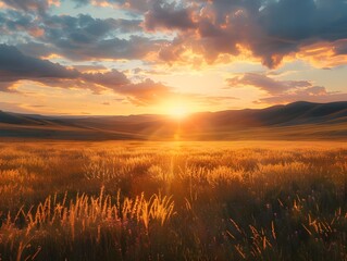 Obraz premium Golden Sunset Over Rolling Hills and Wildflowers Ai generated