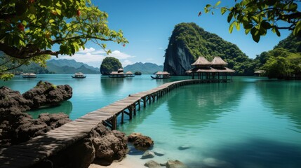 Scenic View of Railay Beach, Krabi Thailand with a Wooden Pier and Turquoise Sea