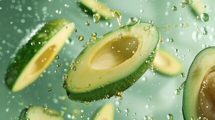 Slices of fresh avocado floating over a mint green background with water droplets splattering and floating in the air. Recipe for ingredients in a healthy diet. Modern motion food composition