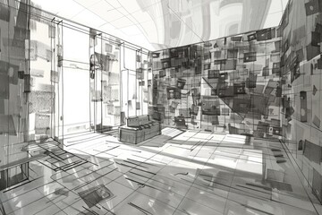 Drawing of a room with numerous windows, ideal for architectural projects