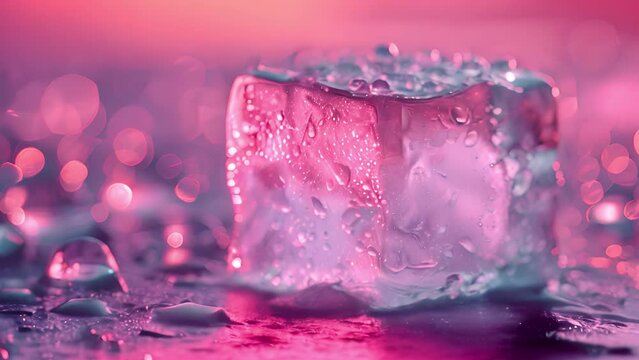 A pink ice cube covered in small water droplets, glistening under light.
