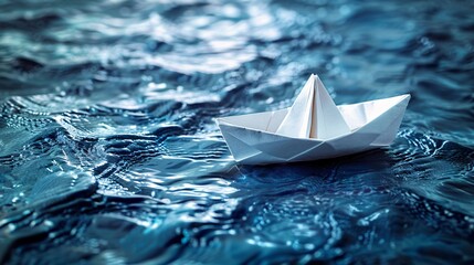 A vibrant blue surface with a single white paper boat
