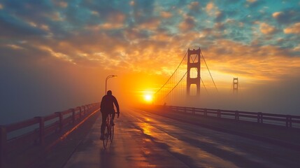 A man is riding a bicycle on a bridge over a body of water. The sky is orange and the sun is setting. Generative ai illustration. - Powered by Adobe