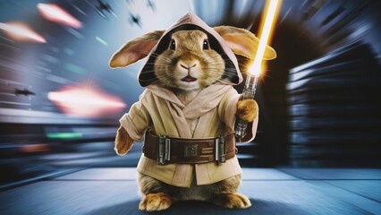 Funny bunny in Jedi clothes and with a lightsaber, cute pet for background, poster, print, design card, banner, flyer - obrazy, fototapety, plakaty