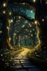 Serene scene of a forest pathway lit by string lights.