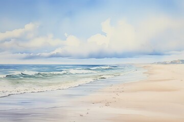 Fototapeta premium Tranquil beach scene painted in watercolors, featuring soft waves lapping at a sandy shore.