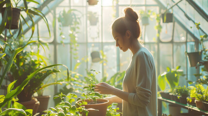 a young woman wearing a bun is working in a greenhouse on her plants