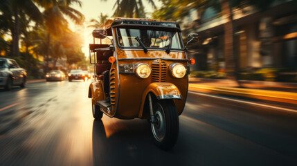Vintage Tricycle Taxi Speeding Through Tropical City Street at Sunset