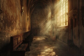Ancient church confessionals captured in 3D, where soft crepuscular rays filter through the dust, enhanced by subtle, moody lighting,