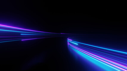 3D Render, Motion Speed neon light trail on dark background, abstract blue and purple light with high fast move curve beam.