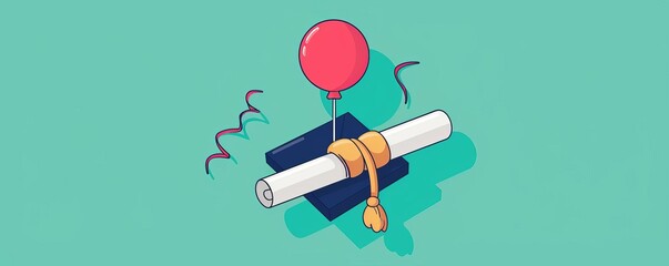 Flat design icon featuring a diploma tied with a party balloon, symbolizing the celebration of school graduation in a fun and festive way