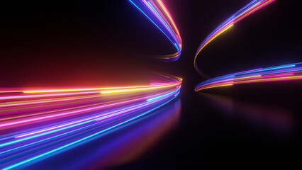3D Render, Colorful Speed neon light trail on dark background, abstract motion curve light beam of fast moving, technology concept.