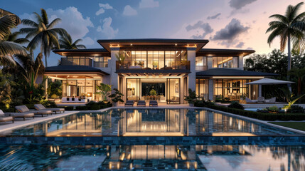 A stunning modern luxury home featuring expansive glass windows, surrounded by lush palm trees and a serene pool, illuminated at dusk.
