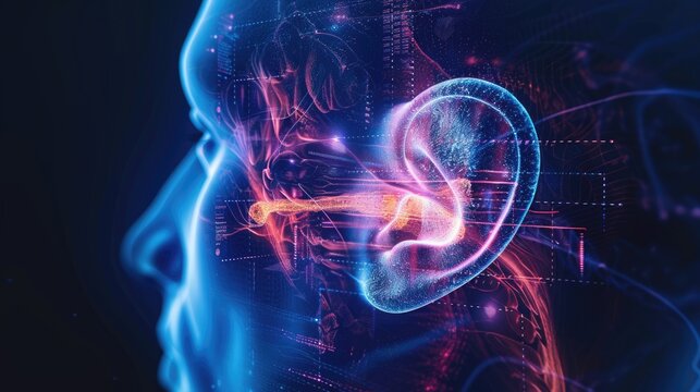 Detailed 3D render of the human ear and auditory pathway, presented in a scientific diagram style with deep, moody lighting effects,