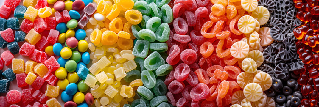 Top down view of various shapes of candies, gummy jellies, lolly, etc
