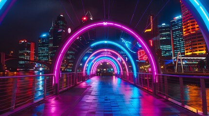 An arched bridge decorated with neon light sculptures and installations, adding an artistic touch...