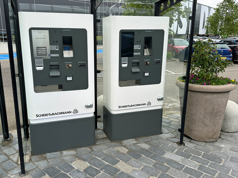 Roermond, the Netherlands - May 8, 2024: Scheidt and Bachmann automated Car Parking Pay Machines.
