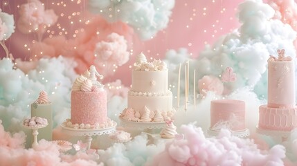 Whimsical and Enchanting Bakery Showcasing Fantasy Cakes and Magical Decor in Soft Pastel Colors
