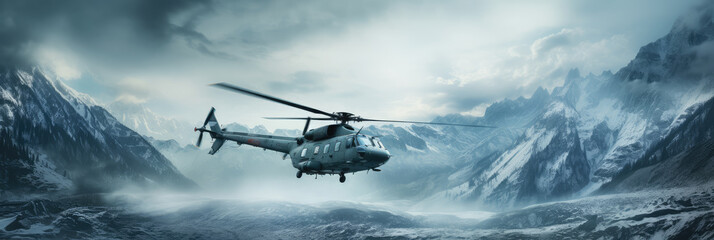 Helicopter Navigating Through Snowy Mountain Pass