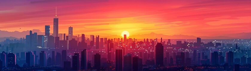 Fototapeta na wymiar Craft a panoramic sunset over a bustling cityscape, showcasing vibrant hues melting into the horizon Render in photorealistic detail suitable for large-scale prints