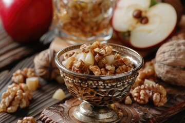 Obraz premium Traditional Charoset Recipe for Passover Dinner: A Nutty Apple Mixture Connecting Families