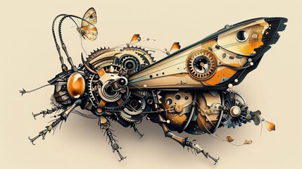 Illustrate a complex mechanical insect, highlighting its intricate gears and precise movements in a worms-eye view, combining realism with a touch of steampunk flair