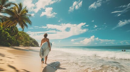 A person is walking on a sandy beach, holding a surfboard under their arm.
