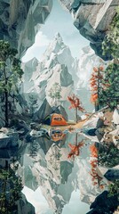 Intertwine the chaos of nature and the order of cubism in a unique visual narrative of wilderness camping Use bold