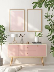 Frame mockup, simple cabinet, home room interior wall poster frame, 3D render - obrazy, fototapety, plakaty