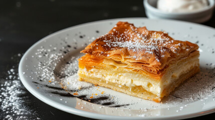 Slice of croatian custard pie, dusted with powdered sugar, served on a white plate with a dark background, symbolizing authentic cuisine