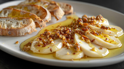 Fototapeta premium Delicious croatian cheese with a drizzle of olive oil, topped with crushed walnuts and served alongside garlic bread slices
