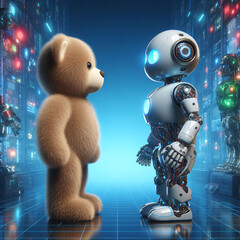 Robot versus Teddy Bear toy, automatic robotic toys vs vintage classic Teddy Bear plush fluffy toy, clash of future modern and old vintage classic toys