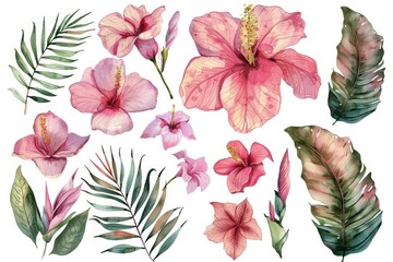 Beautiful watercolor tropical flowers and leaves set, perfect for tropical-themed designs