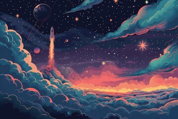 Naklejka premium A space shuttle taking off into the sky. Suitable for science and technology concepts