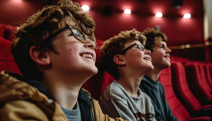 Three boys sitting in a cinema, watching a screen, of enjoying a movie in a theater setting.
