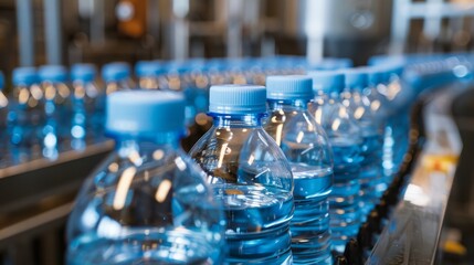 Production of bottling clean water at a production plant. Conveyor with water bottles.	
