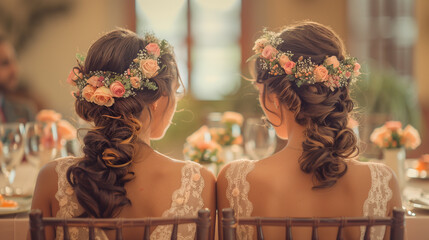 Two bridesmaids with flowers in their hair shot from the back sitting at a wedding table