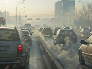 Obraz premium Morning traffic on a city road with cars emitting thick smoke under hazy conditions, highlighting urban pollution.