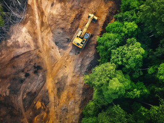 Aerial view of a yellow excavator on a dirt site beside a lush green forest, highlighting contrast between nature and development.