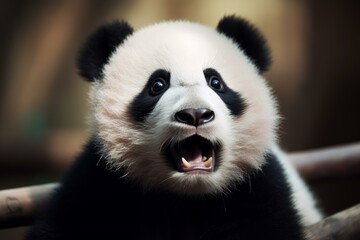 Obraz premium Close up portrait of an adorable surprised panda cub with a charming expression in its natural habitat, showcasing the innocent and curious nature of this endangered species