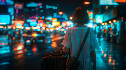Fototapeta premium Woman tourist walking on an urban main street to her hotel with a suitcase at night