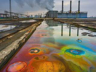 Fototapeta premium Industrial landscape featuring smokestacks and vividly colored chemical spills reflected in a large puddle, highlighting pollution issues.
