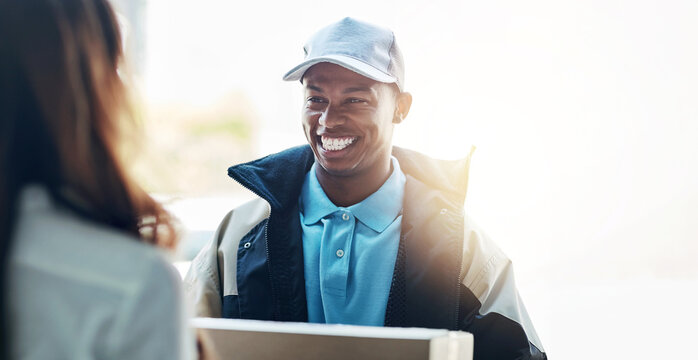 Online shopping, courier and happy delivery man in home with box for shipping, online shopping and receive order. Ecommerce, distribution and customer with package, parcel and product for service