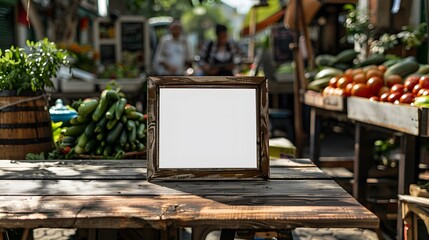 An empty placeholder on a rustic table at a bustling farmer's market, with fresh produce surrounding it