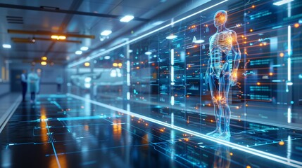 Threedimensional, digital rendering of human anatomy is displayed in a hightech medical facility, illustrating advanced healthcare and diagnostic technology with professionals in the background