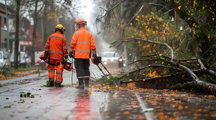 Cleanup Crew Removing Fallen Trees from Road After Extreme Weather Event