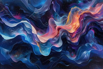 Fototapeta premium A painting of a wave with a blue background and orange and pink colors