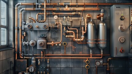 Detailed portrayal of a plumbing service with copper pipelines in a boiler room, focusing on the heating system