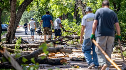 Dedicated Volunteers Clearing Storm Debris in Community Park for Ecological Renewal